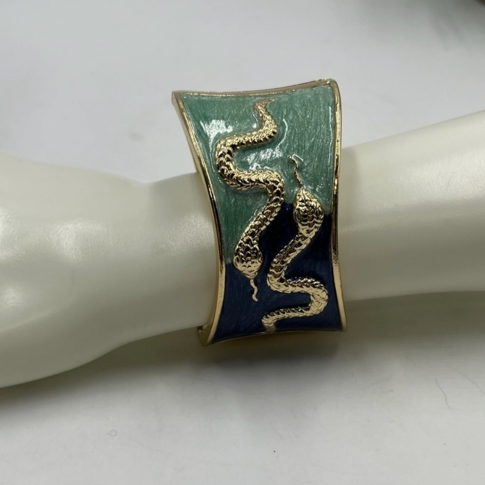 Vintage Style‎ Two Tone Blue Green Snake Clamper Hinged Bangle Bracelet